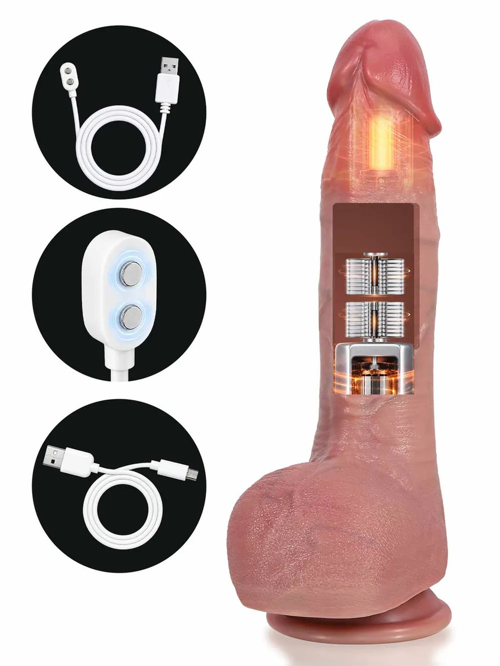 Hugedildo.com Dominic 10-inch 4-in-1 Waterproof Thrusting Vibrating Dildo with Heating and Ring Remote
