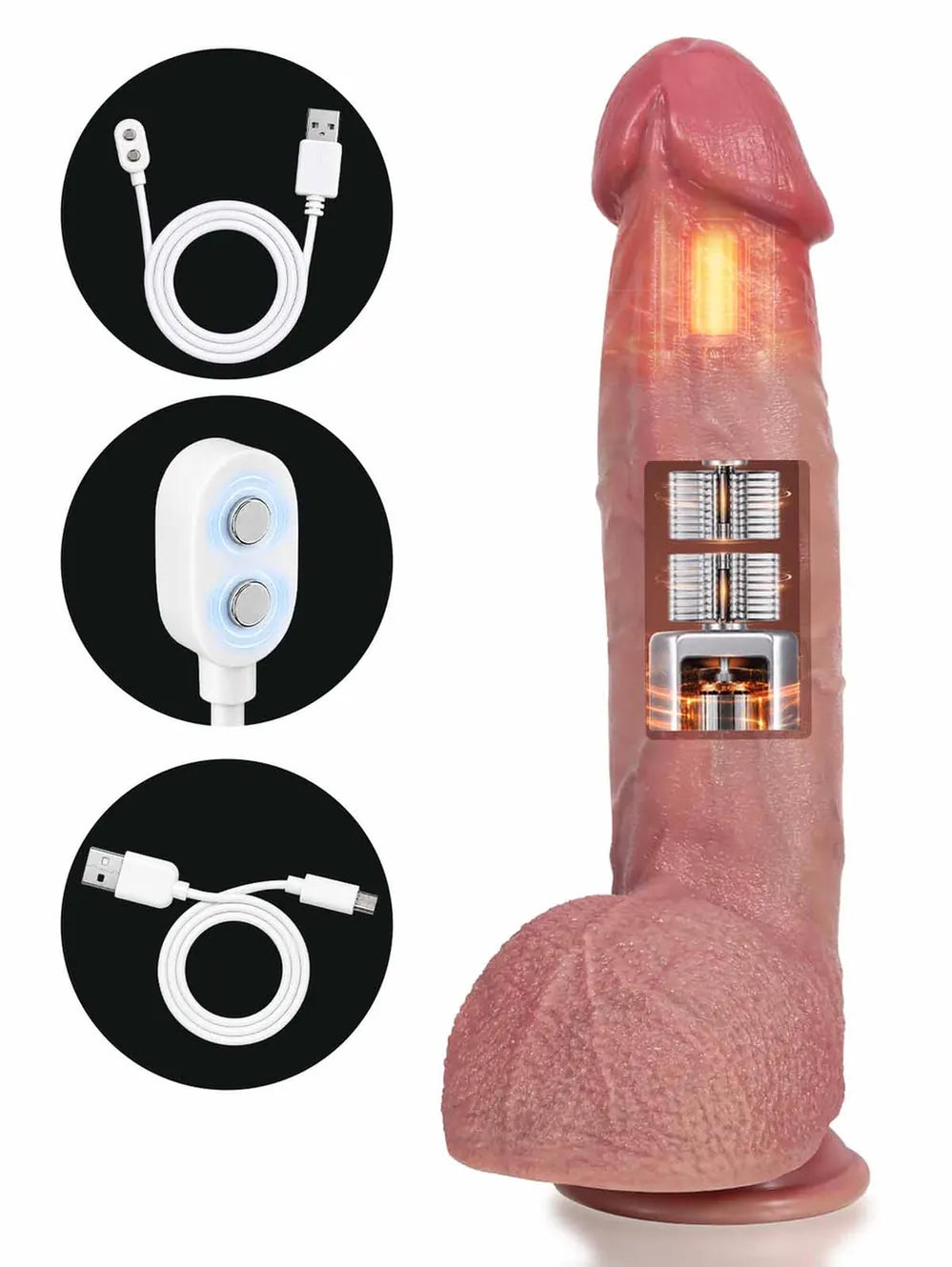 Hugedildo.com Elias 11-inch Flesh Thrusting Vibrating Heating Dildo with Mushroom Glans