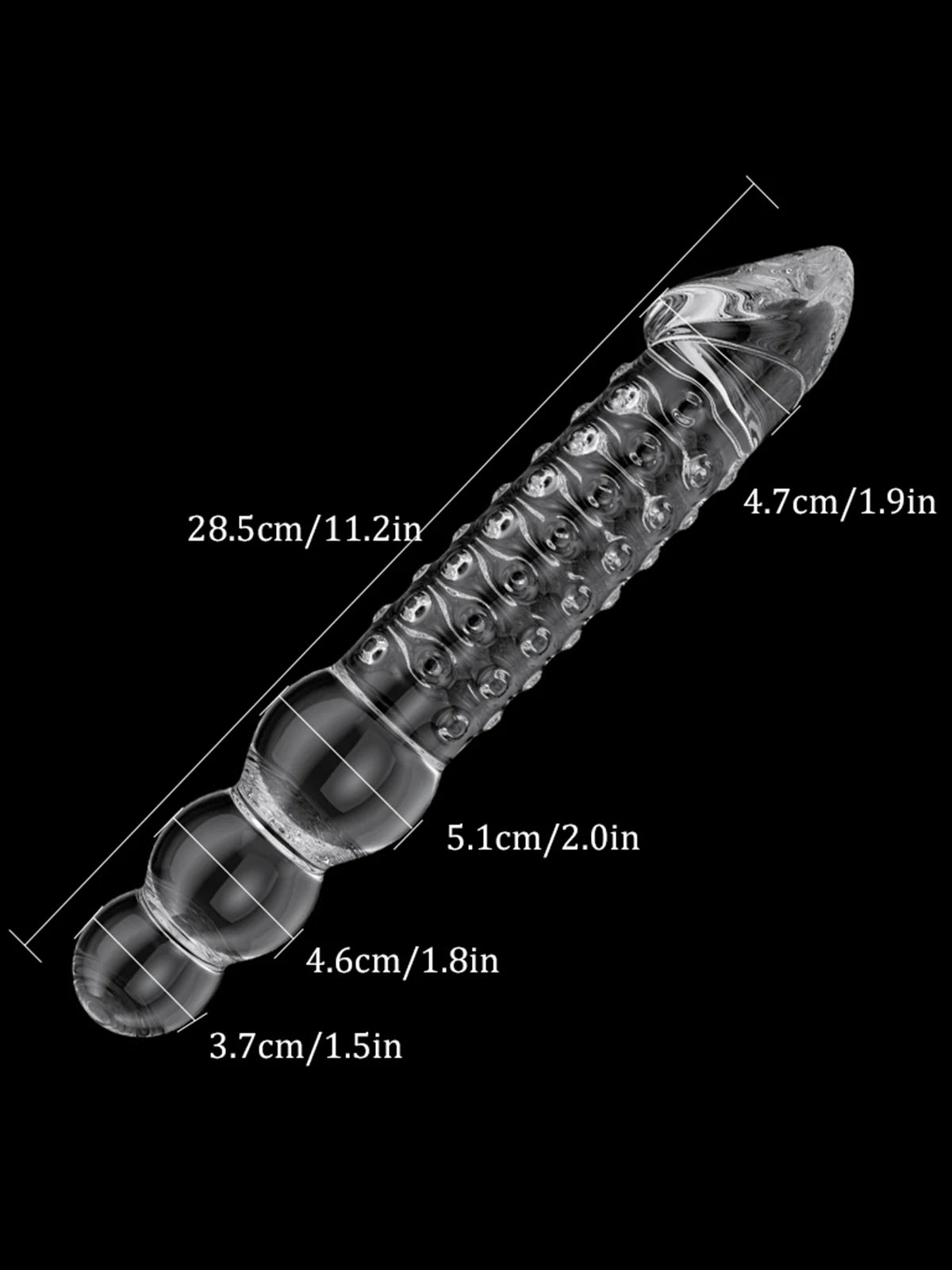 Troy: 11.2′′ x 2′′ Transparent Glass Dildo with Glans & Bead Handle